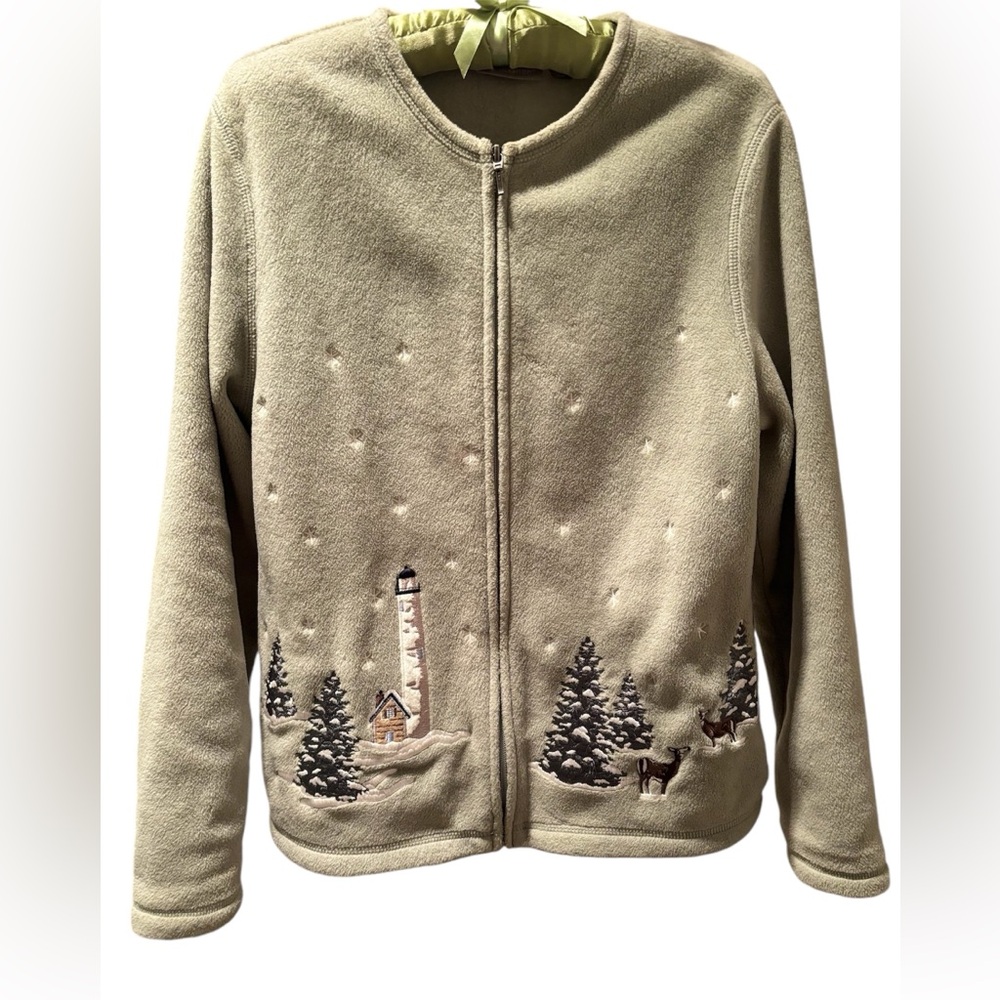 Vintage Christmas Green Zip Up Embroidered Snow Scene Sweater by Croft & Barrow